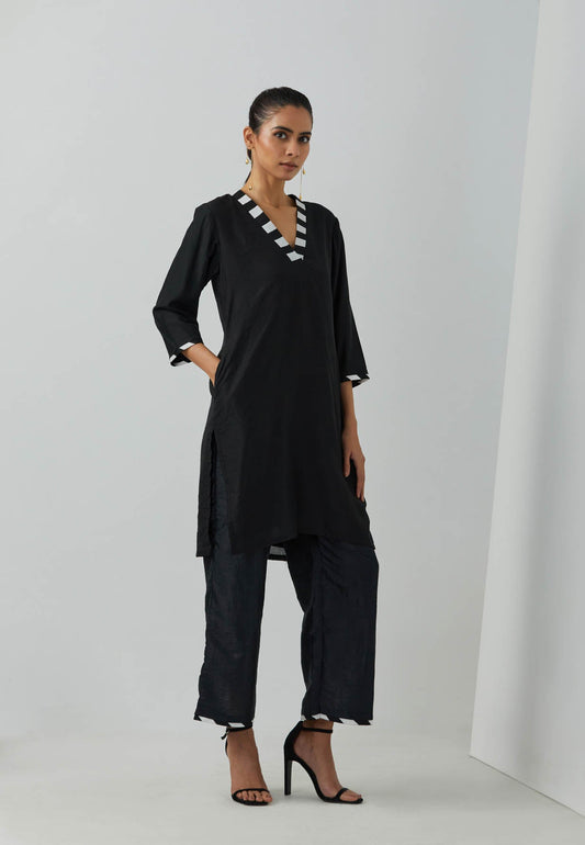 Black Chanderi Kali Short Kurta With Palazzo (Set Of 2) - The Indian Cause